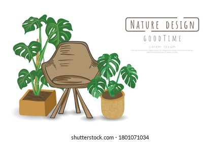 Potted plants and chairs wood on white background, isolated objects,  message area, Hand drawn, Vector drawn illustrations.