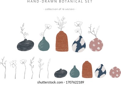 Potted plants collection of hand- drawn modern pottery leaf and flowers. Set of 16 vector elements. Wall art, greeting card, home decor, gift