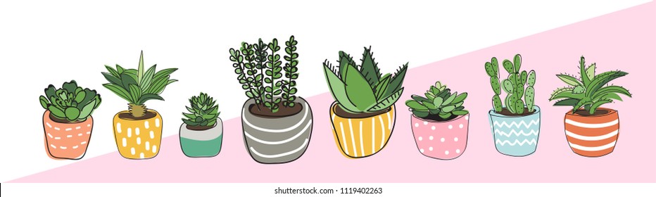 potted plants collection. succulents and house plants. hand drawn vector art. 
Set of house indoor plant vector cartoon doodle.