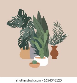 Potted plants collection. Urban jungle, trendy home decor with plants, cactus, tropical leaves. Set of house indoor plant vector hand drawn cartoon illustration