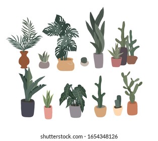 Potted plants collection. Urban jungle, trendy home decor with plants, cactus, tropical leaves. Set of house indoor plant vector hand drawn cartoon illustration