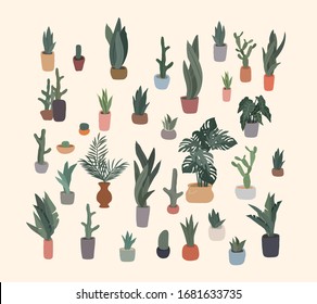 Potted plants collection. Urban jungle, trendy home decor with plants, cactus, tropical leaves. Set of house indoor plant vector hand drawn cartoon illustration