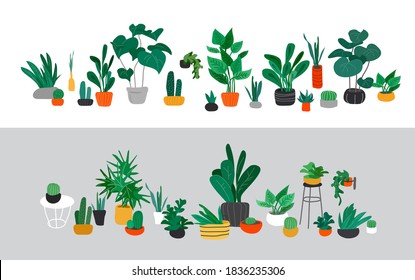 Potted plants collection. Urban jungle, trendy home decor with plants, cactus, tropical leaves. Set of house indoor plant vector hand drawn cartoon illustration