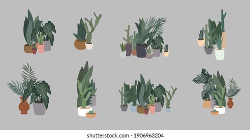 Potted plants collection. Urban jungle, trendy home decor with plants, cactus, tropical leaves. Set of house indoor plant vector hand drawn cartoon illustration