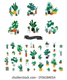 Potted plants collection. Urban jungle, trendy home decor with plants, cactus, tropical leaves. Set of house indoor plant vector hand drawn cartoon