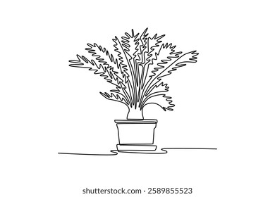 Potted plants concept. Single line draw design vector graphic illustration.	