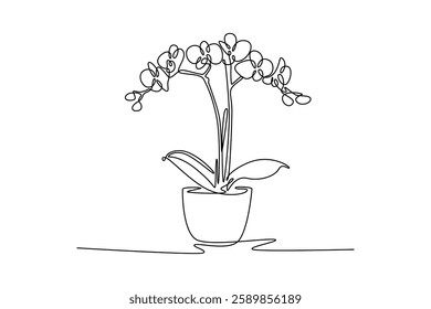 Potted plants concept. Single line draw design vector graphic illustration.	