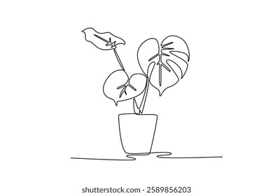 Potted plants concept. Single line draw design vector graphic illustration.	