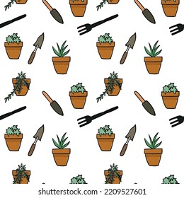 Potted plants. Cut hand drawing garden pattern. Seamless pattern for fabric, paper and other printing and web projects.