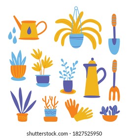 Potted plants flat postcard template. Foliage houseplants, exotic flora. Flower sweet home poster. Hobby. Growing indoor plants. Botany.
