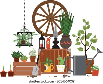 Potted plants and gardening tools storage, EPS 8 vector illustration, isolated on white