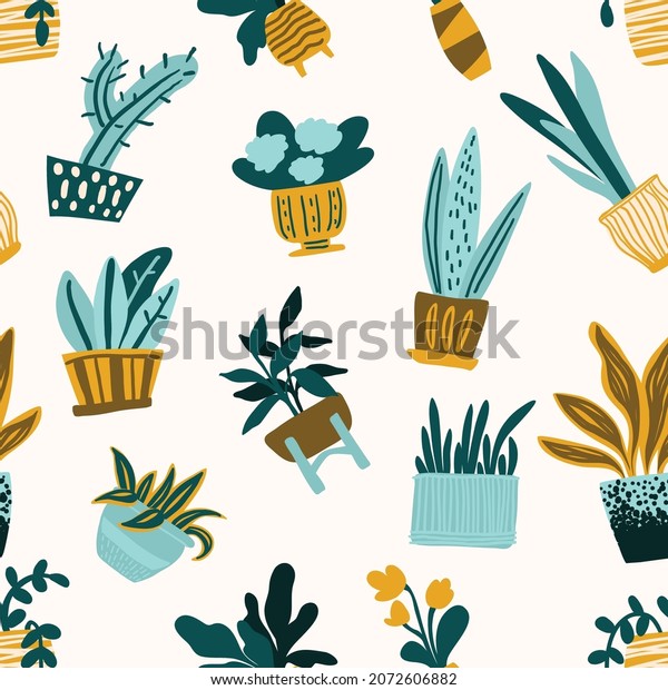 Potted Plants Hand Drawn Vector Seamless Stock Vector (Royalty Free ...