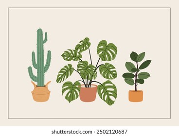 Potted plants on a new home greeting card, print, or poster. Housewarming party invitation with potted flowers. New place to live in postcard with house plants in flowerpots. Flat vector illustration.