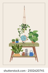 Potted plants on a new home greeting card, print, or poster. Housewarming party invitation with interior scene. New place to live in postcard with house plants in flowerpots. Flat vector illustration.