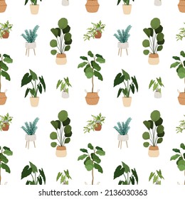 Potted plants pattern design. Seamless background with green-leaf houseplants in planters, flowerpots. Endless home garden texture. Repeating print on white backdrop. Flat vector illustration