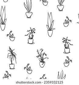 Plantas potables de fondo transparente, Ilustración repetida a mano de diferentes plantas domésticas interiores en patrón de flowerpot blanco y negro