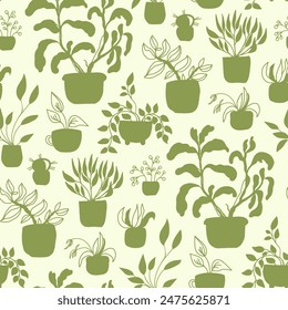 Potted plants seamless pattern. My home garden green decor. Flat vector illustration for paper, fabric, textile printing.