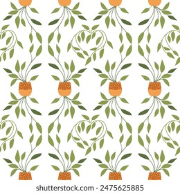 Potted plants seamless pattern. My home garden green decor. Flat illustrations on white background. Leaves of the plants are elegantly intertwined.