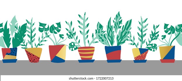 Plantas de cerámica sin fisuras en el borde vectorial. Patrón repetido con macetas de plantas coloridas en oro, rojo, azul. Diseño para guarnecido de tela, cinta adhesiva, decoración de tarjeta, cinta conductora, pie de página, membrete