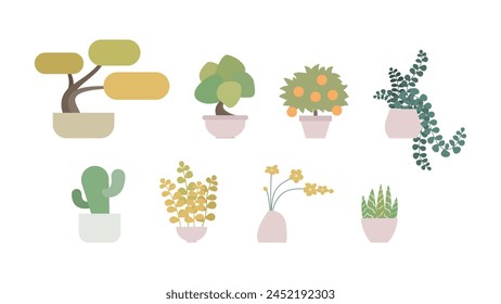 Conjunto de plantas en maceta. Colección de flores de plantas verdes en maceta, Ilustraciones vectoriales gráficas planas aisladas sobre fondo blanco.