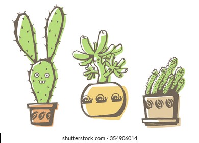Potted plants set.  Hand drawn illustration. Ukraine