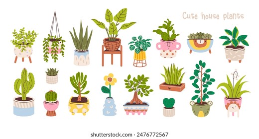 Potted plants set. House plants in various pots. Home jungle. Minimalistic doodle style