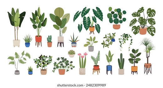 Potted plants set. Indoor houseplants in flowerpots. Trendy home decor with indoor plants in Scandinavian style pots. Colorful house flowers. Flat vector illustration isolated on a white background.