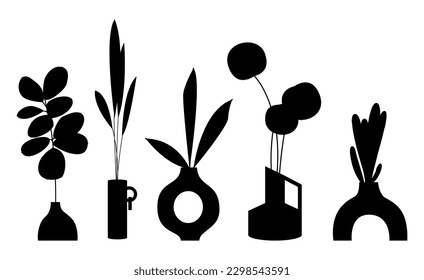 Potted plants set. Interior houseplants in planters, baskets, flowerpots. Home indoor green decor. Different succulents, foliage. Flat graphic vector illustrations isolated on white background