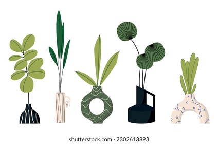 Potted plants set. Interior houseplants in planters, baskets, flowerpots. Home indoor green decor. Different succulents, foliage. Flat graphic vector illustrations isolated on white background