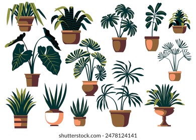 Potted plants set. Interior houseplants in planters. Home indoor green decor. Different succulents, cacti, foliage. Flat graphic vector realistic illustrations isolated on white.