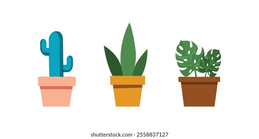 Potted plants set. Interior houseplants in planters, baskets, flowerpots. Home indoor green decor. Different succulents, cacti, foliage. Flat graphic vector illustrations isolated on white background