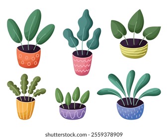 Potted plants set. Interior houseplants in planters, baskets, flowerpots. Home indoor green decor. Different succulents, cacti, foliage. Flat graphic vector illustrations isolated on white background