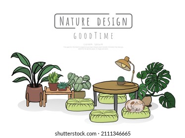 Potted plants Set and Minimalist interior furniture of sofa with dressing table. hand drawn vector doodle illustration interior minimalist design. 