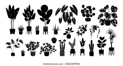 Potted plants silhouette icon set. Black color indoor houseplants in flowerpots. Botanical floral elements in pots for home decor. Flat monochrome vector illustration isolated on white background.