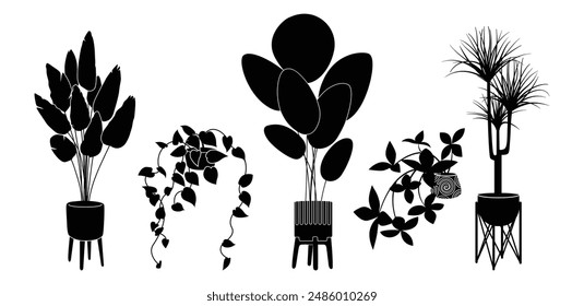 Potted plants silhouette icon set. Black color indoor houseplants in flowerpots. Botanical floral elements in pots for home decor. Flat monochrome vector illustration isolated on white background.