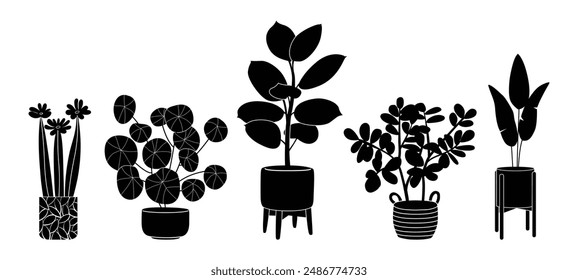 Potted plants silhouette icon set. Black color indoor houseplants in flowerpots. Botanical floral elements in pots for home decor. Flat monochrome vector illustration isolated on white background.