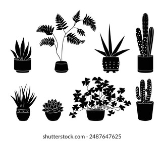 Potted plants silhouette icon set. Black color indoor houseplants in flowerpots. Botanical floral elements in pots for home decor. Flat monochrome vector illustration isolated on white background.