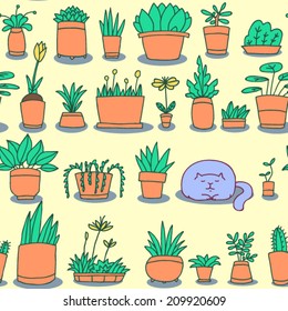 Potted plants and a sleeping cat. Vector seamless pattern.