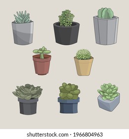 Potted plants and succulents hand drawn material vector illustration.
