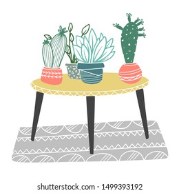 Potted plants. Table with different plants. Vector illustrations in the Scandinavian style