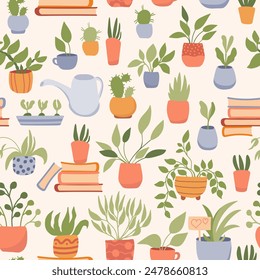 Potted plants, tools and books background. Seamless pattern. Design for wrapping paper,  fabric and textile. Vector illustration cozy home.