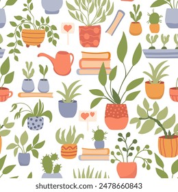 Plantas en macetas, herramientas y libros de fondo. Patrón sin costuras en un blanco. Diseño para envolver papel, tela y textil. Ilustración vectorial acogedora casa.