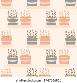 Potted plants in a tray seamless repeat vector pattern.