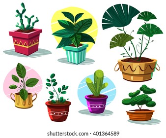 Potted plants. Vector cartoon set