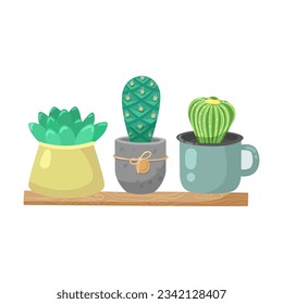 Ilustración vectorial de plantas potentadas. Suculentos de color pastel y cactus en macetas estampados sobre fondo blanco. Planta Potentada, suculento concepto interior