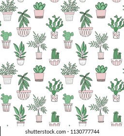 Potted plants vector pattern in doodle scandinavian style. Succulents, cacti and other house plants in geometric pots. Seamless background.