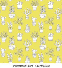 Potted plants vector pattern in doodle scandinavian style. Succulents, cacti and other house plants in geometric pots. Seamless background.