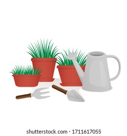 Potted plants, watering can and gardening tools. Scoop for seedlings, fork for weeding. Isolated vector illustration on a white background.