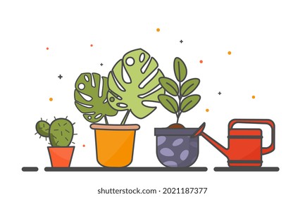 Potted plants with watering can on gray background. Cute pottery template can be used for invitation cards, backgrounds and wallpapers. Flat cartoon vector illustration