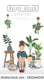 Potted plants and woman reading a book on white background, isolated objects,  message area, Hand drawn, Vector drawn illustrations.